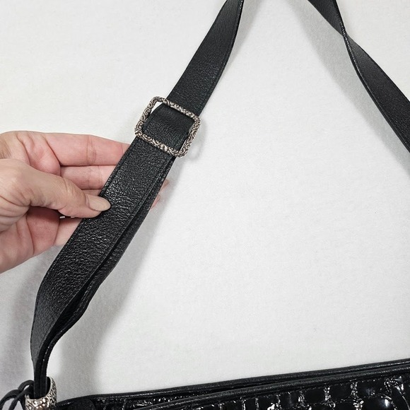 Brighton Black Croc Embossed Patent Leather Shoulder Bag Hobo Silver Tone - Picture 10 of 16